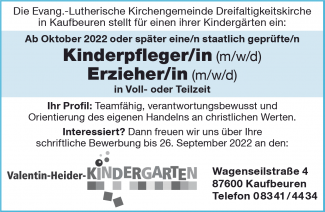 Valentin-Heider-Kindergarten sucht Kinderpflegerin oder Erzieherin